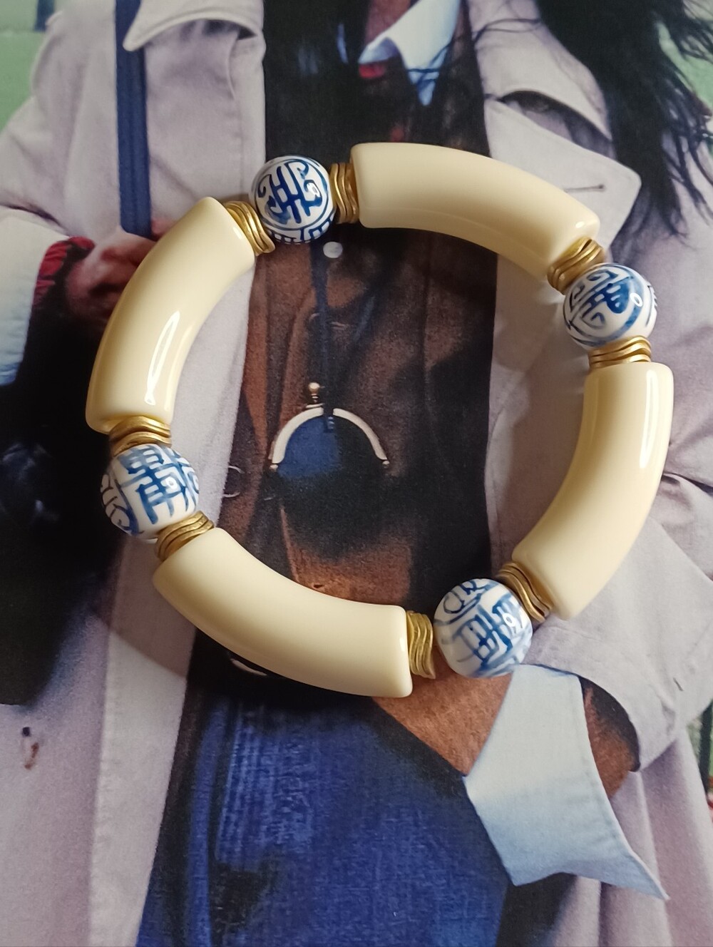 Vintage Style Bamboo Tube & Blue & White Porcelain Bead Stretch Bracelet ✨️